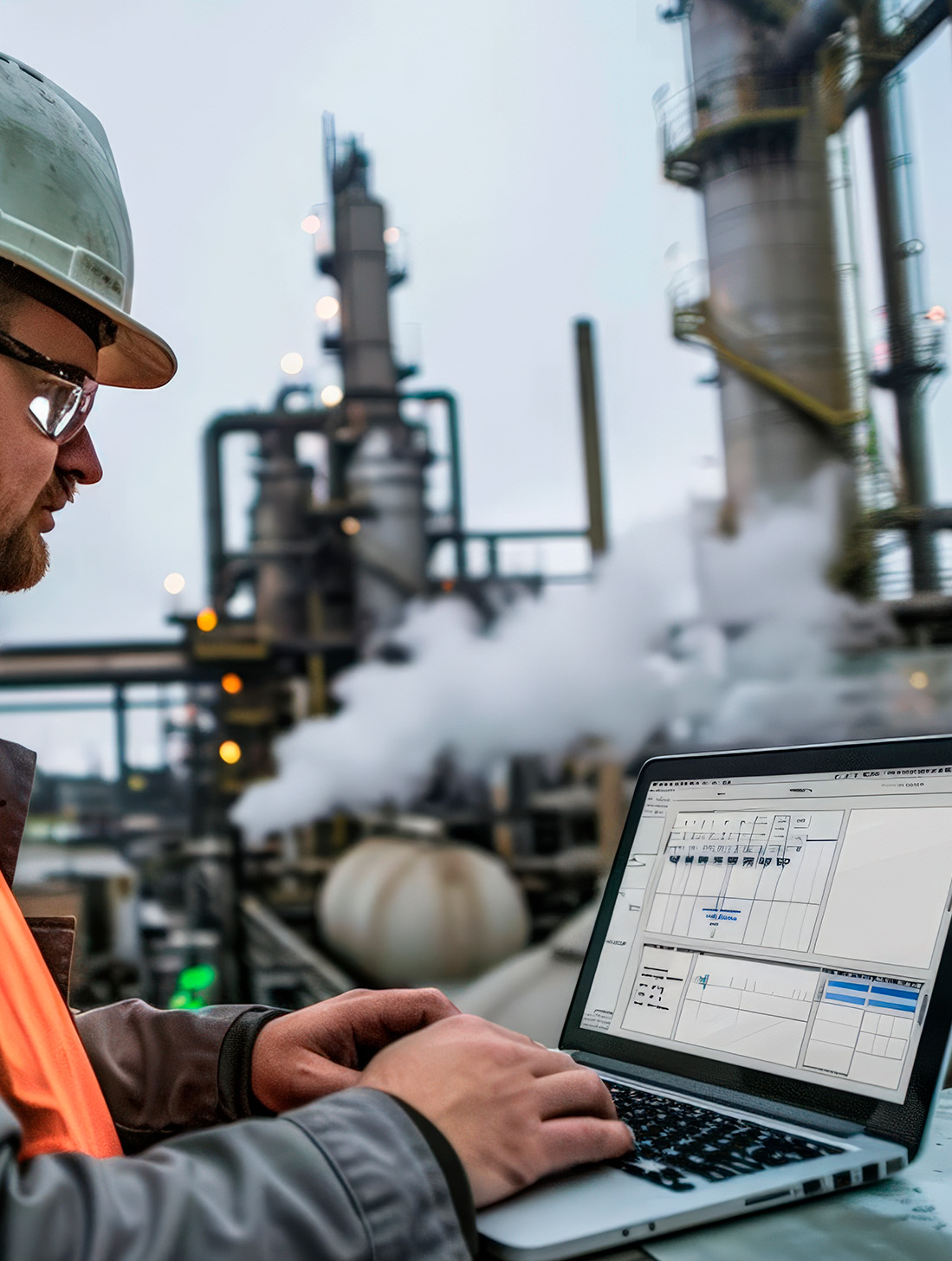 Engineer working outdoors on process optimization using a laptop